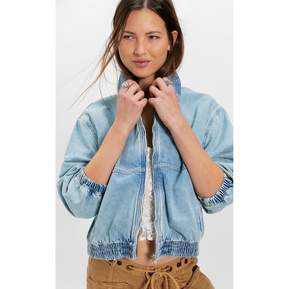 We the Free Birdie Denim Bomber Jacket Blue Zip Up Oversized